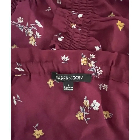 Papermoon Womens Wine Floral Flowy Crop Top Blouse Size Large Ties 3/4 Sleeves - Picture 8 of 10